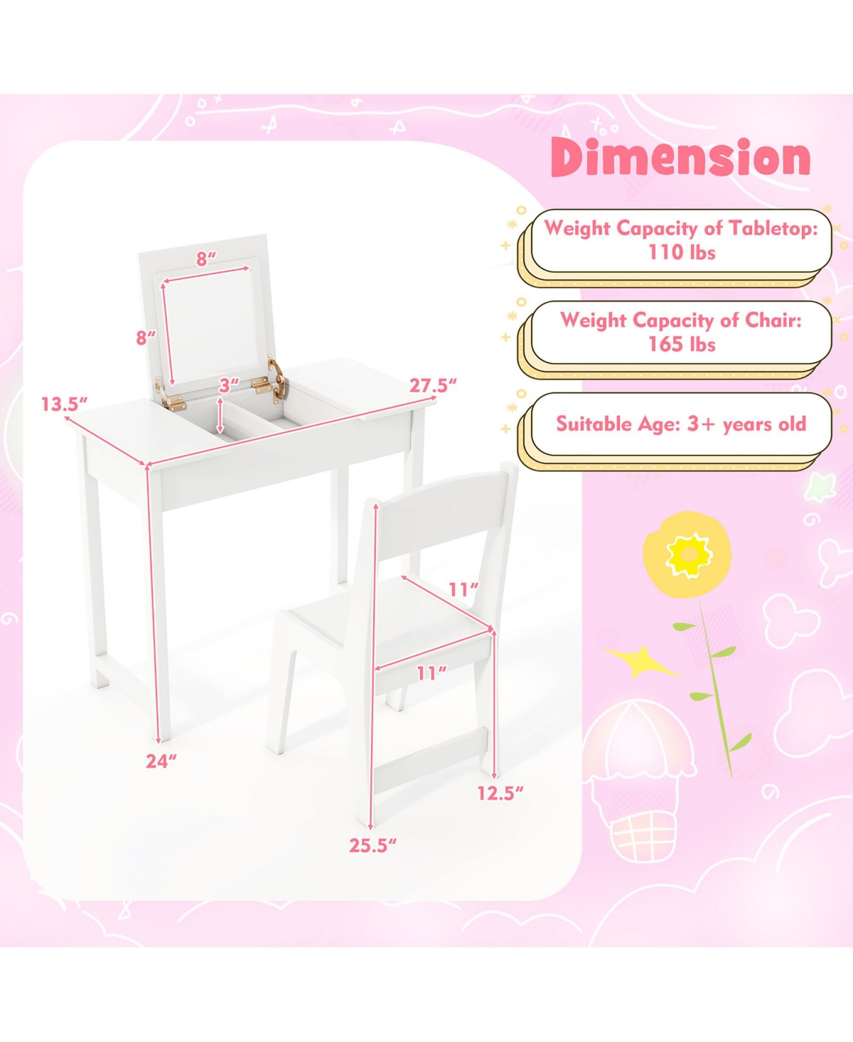Gymax Kids Vanity Table & Chair Set 2-in-1 Princess Makeup Dressing Desk