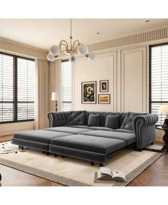 89" Sleeper Sofa Bed, King Size Velvet Pull-Out Couch with Chaise Lounge & Ottoman, 3-in-1 Tufted Sofa for Living Room
