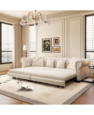 89" Sleeper Sofa Bed, King Size Velvet Pull-Out Couch with Chaise Lounge & Ottoman, 3-in-1 Tufted Sofa for Living Room