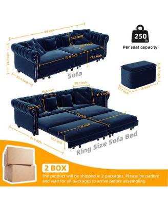 89" Sleeper Sofa Bed, King Size Velvet Pull-Out Couch with Chaise Lounge & Ottoman, 3-in-1 Tufted Sofa for Living Room
