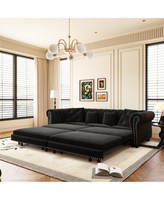 89" Sleeper Sofa Bed, King Size Velvet Pull-Out Couch with Chaise Lounge & Ottoman, 3-in-1 Tufted Sofa for Living Room