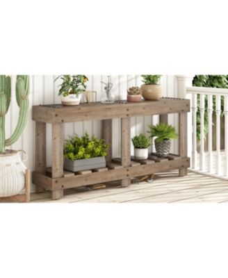 62.9" Fir Wood Console Table with Shelf & Metal Rivets