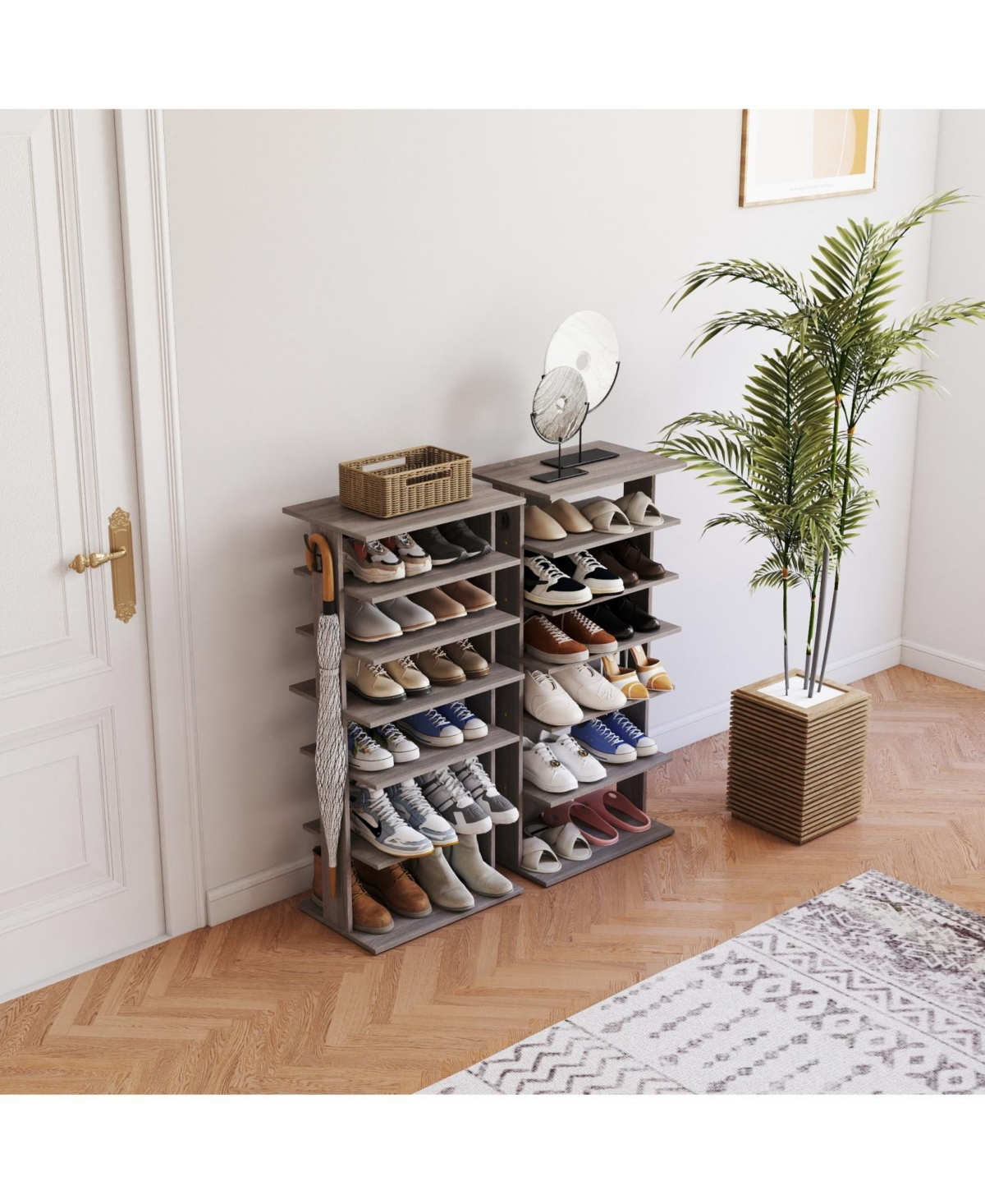 Streamdale 7-Tier Shoe Rack Organizer with Hooks, Entryway Shoe Tower, Rustic Gray