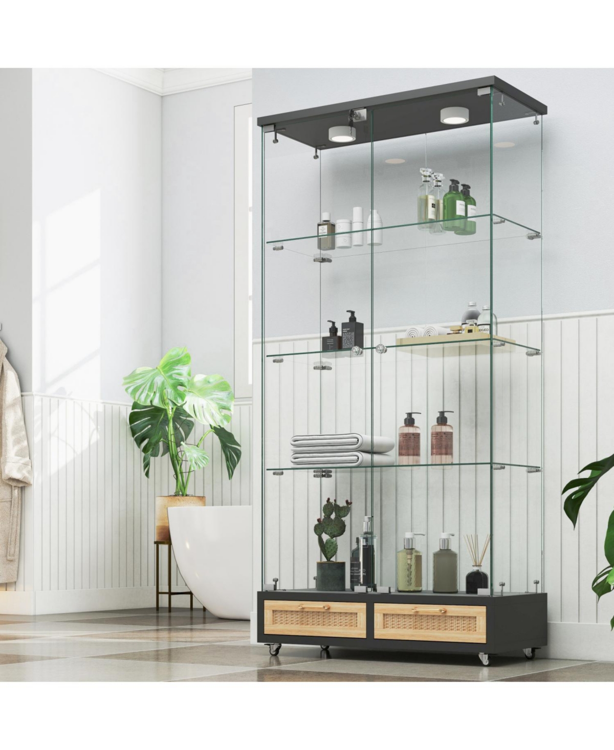 Streamdale Furniture Modern Glass Display Cabinet w/ Drawers & Led Lights