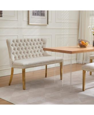 Velvet Dining Loveseat Bench, Tufted 2-Seat, Gold Legs, Mid Century Modern, Beige