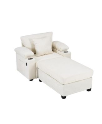 Oversized Chenille Chair with Ottoman USB & Cupholders