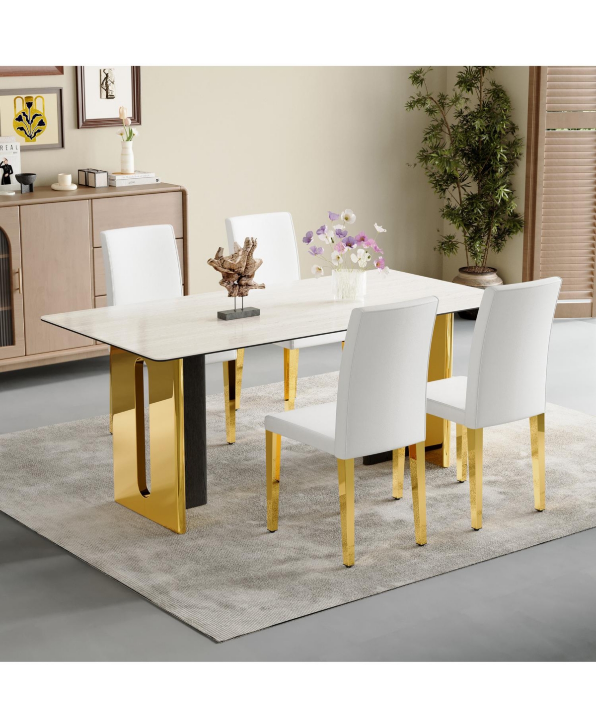 Streamdale Furniture Pu Leather Chairs with Gold Legs (Set of 4)