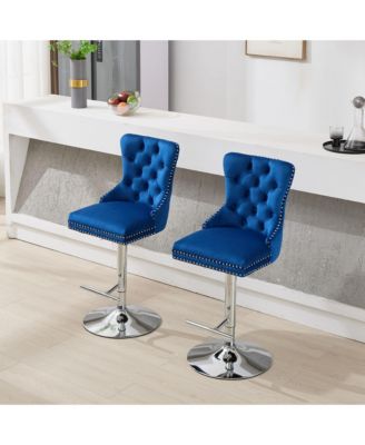 Streamdale Chrome Swivel Velvet Barstools, Adjustable Height, Tufted, Set of 2