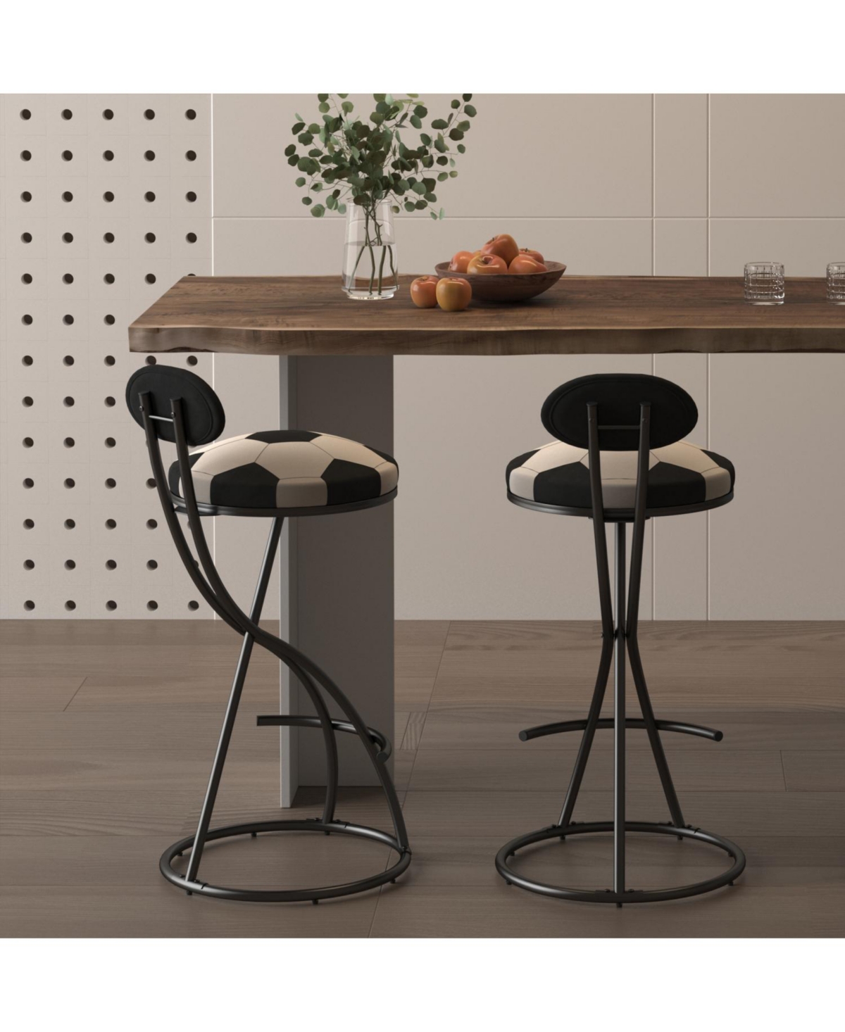 Streamdale Furniture Velvet Football Print Bar Stools Set of 2 - Black Frame