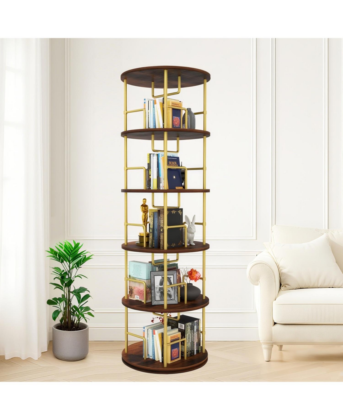 Streamdale Furniture Rotating 5-Tier Bookshelf - 360 Swivel, Gold