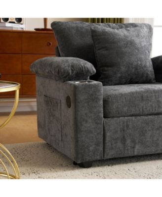 Oversized Chenille Chair with Ottoman USB & Cupholders