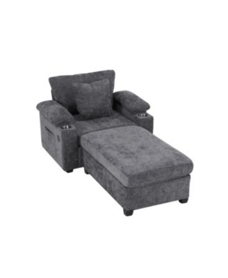 Oversized Chenille Chair with Ottoman USB & Cupholders