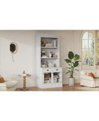 Streamdale Modern Bookcase with Glass Doors & Drawer, 83.4" Tall, White