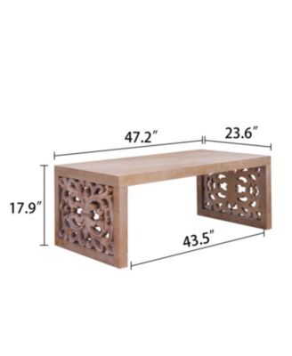 Rustic Carved Wood Coffee Table - Ornate Panels, Natural Finish