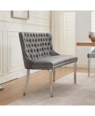  Velvet Tufted Dining Bench, Wingback, Silver Legs, Mid Century Modern, Gray