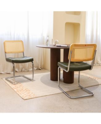 Faux Leather Rattan Dining Chairs, Chrome Legs, Green, Set of 2