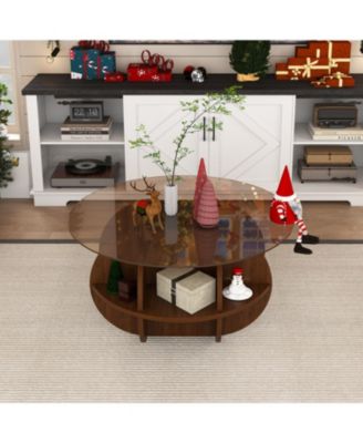 Streamdale Round Coffee Table - Glass Top, Walnut Brown