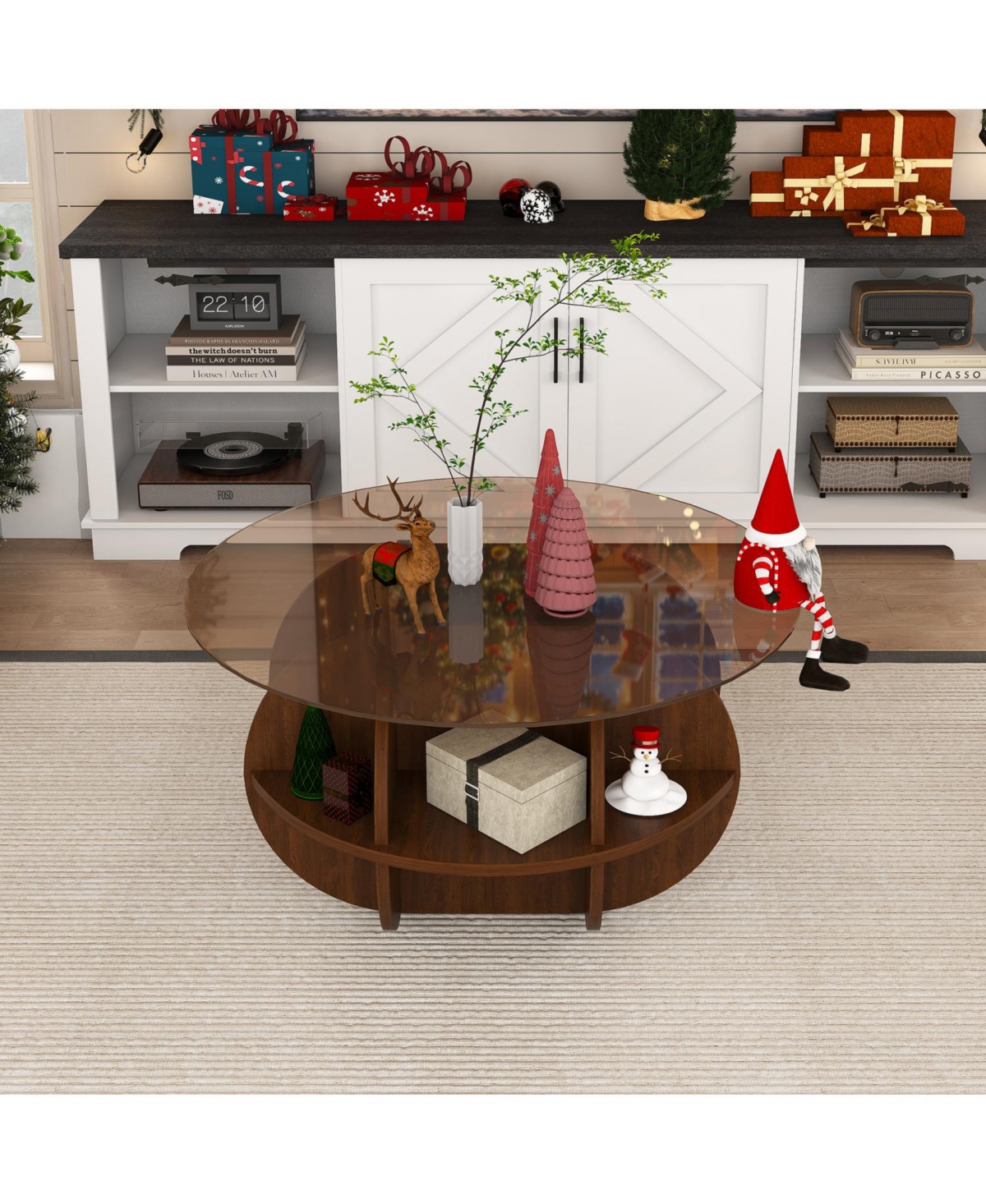 Streamdale Round Coffee Table - Glass Top, Walnut Brown