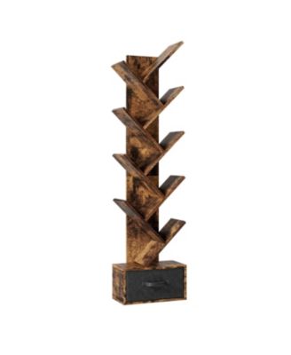 Rustic Brown 9-Tier Tree Bookshelf with Drawer