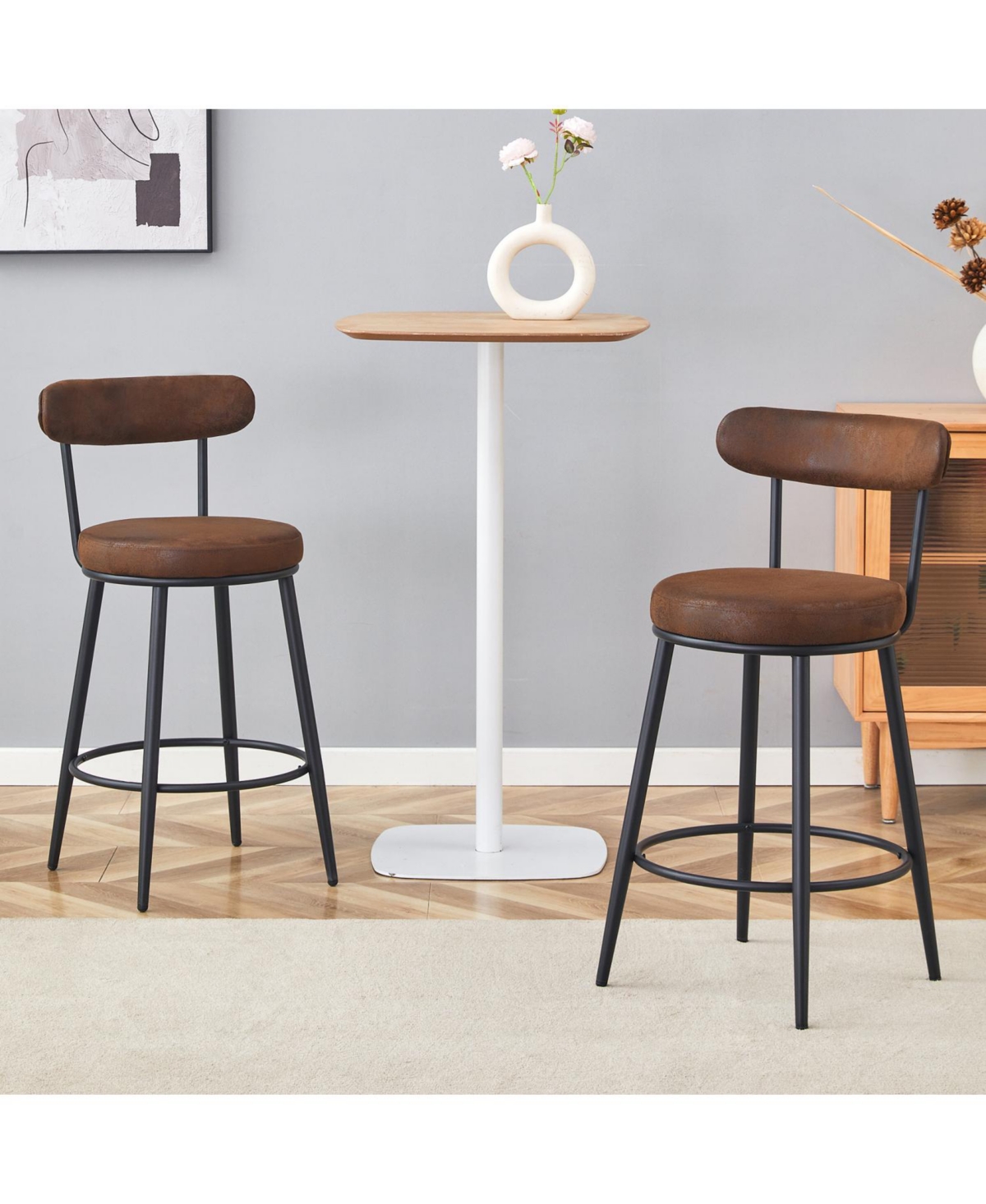 Streamdale Furniture Ergonomic High Leg Bar Chairs - Brown Fabric Cushions Black Metal Legs