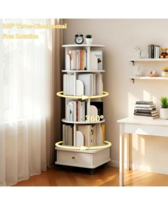 Rotating Bookshelf with Wheels & Drawer - White