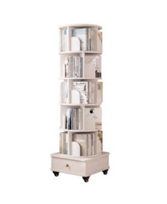 Rotating Bookshelf with Drawer, 6-Tier Corner Bookcase, White
