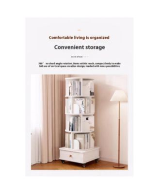  Rotating 5-Tier Corner Bookshelf with Drawer (White)