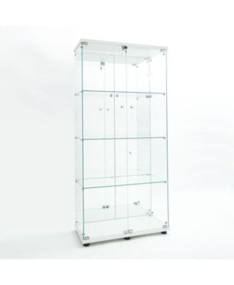 Tempered Glass Display Cabinet w/ LED, Lock, Mirror Back - White