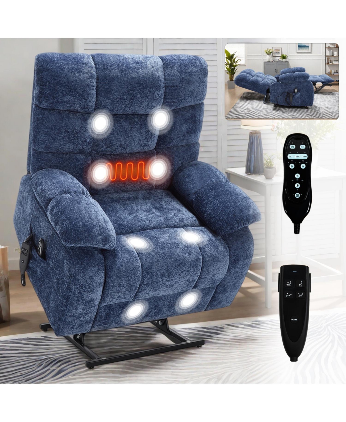 Streamdale Furniture Lift Recliner Heat Massage Dual Motor Infinite Position Blue