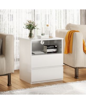  End Table with USB C Charging, 2 Drawers, Storage Cabinet - White