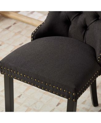 Nikki Tufted Linen Dining Chair Set (2), Modern & Contemporary, Black Upholstery, Black Wood Legs