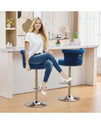 Velvet Bar Stool Set of 2, Adjustable Swivel, Silver Legs