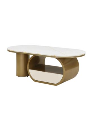 Modern Oval Coffee Table w/ Storage & Faux Marble Top