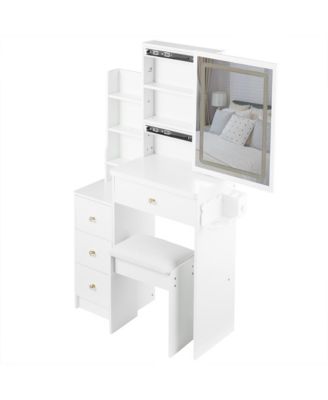 Bedside Vanity Table with Sliding LED Mirror and Charging Station