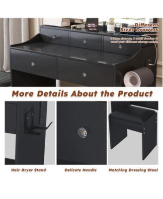 Modern Vanity Desk with Lighted Mirror & Power Outlet - Black