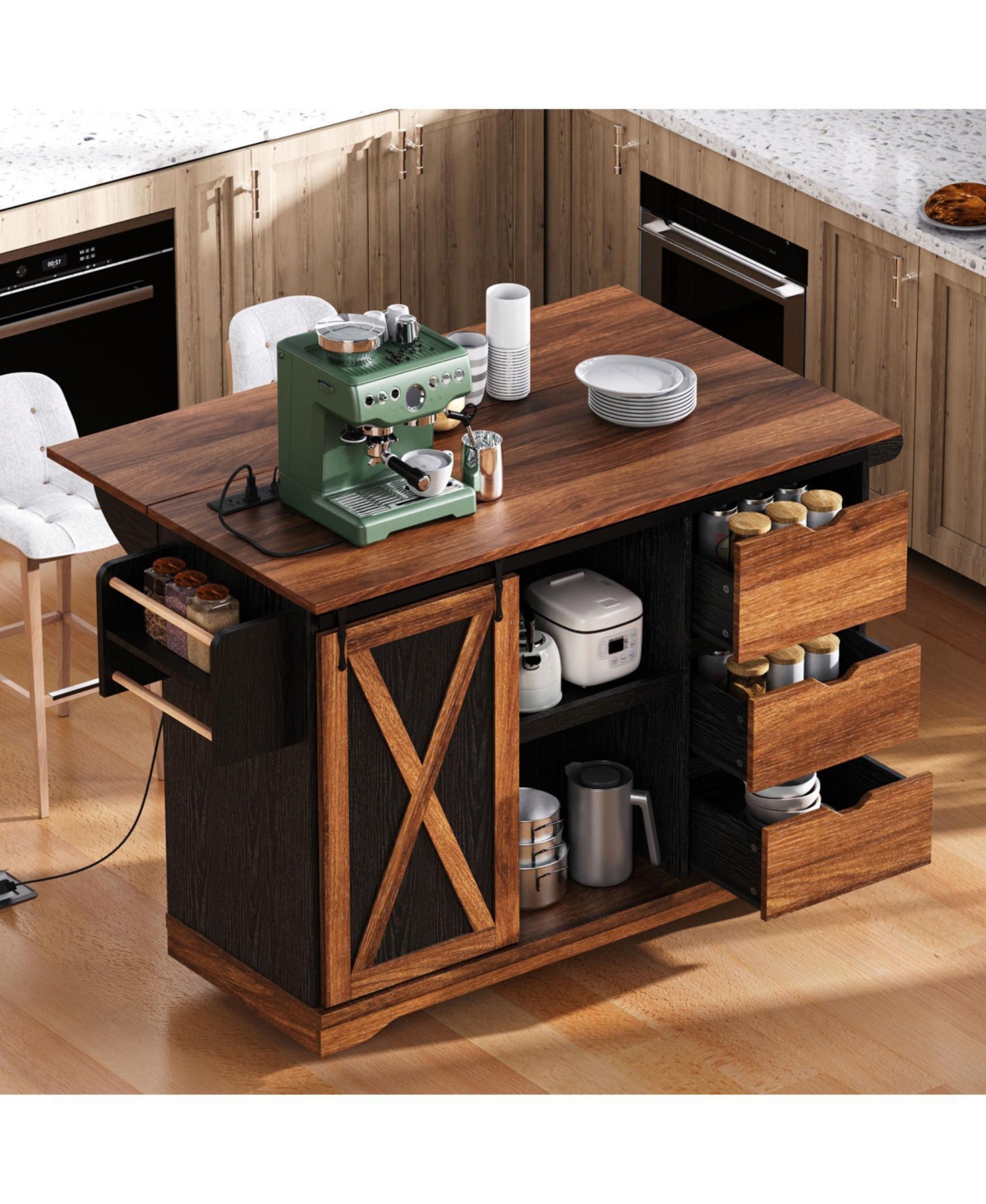 Streamdale Furniture Farmhouse Kitchen Island with Drop Leaf, Barn Door, Power, Rolling Cart