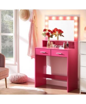 Rose Pink Vanity Desk with Lighted Mirror & Drawers