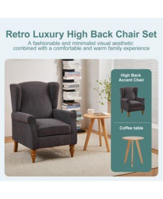 Vintage Luxury Coffee Table & Armchair Set (Dark Grey/Natural Wood)