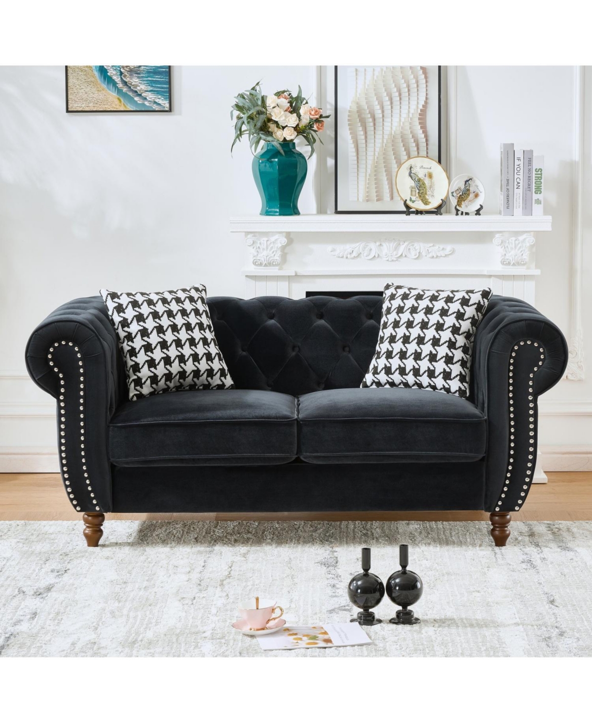 Streamdale Furniture Chesterfield Velvet Sofa Set, Roll Arm, Nailhead Trim