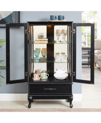 Lighted Curio Cabinet with Glass Doors, LED Lights, Black Finish