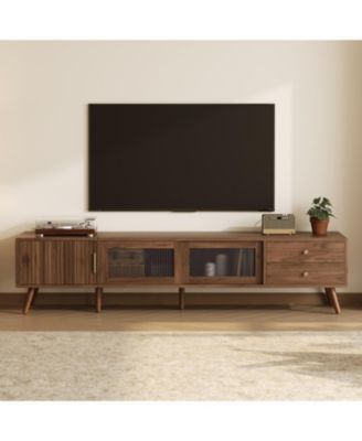 76" Modern Glass-Door TV Stand for 85" TVs, Wood-Grain Entertainment Center