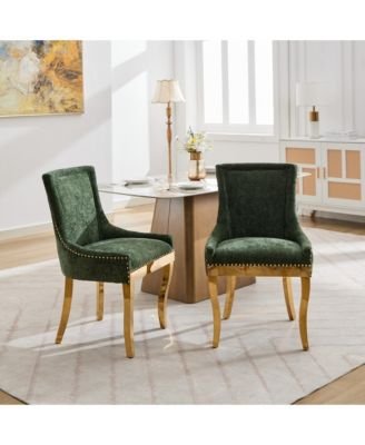 Chenille Dining Chairs, Gold Legs, Rivet Trim, Green, Set of 2