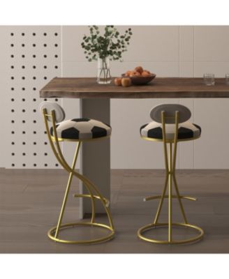 Football Print Bar Stools Set of 2, Counter Height, Velvet, Gold/Cream