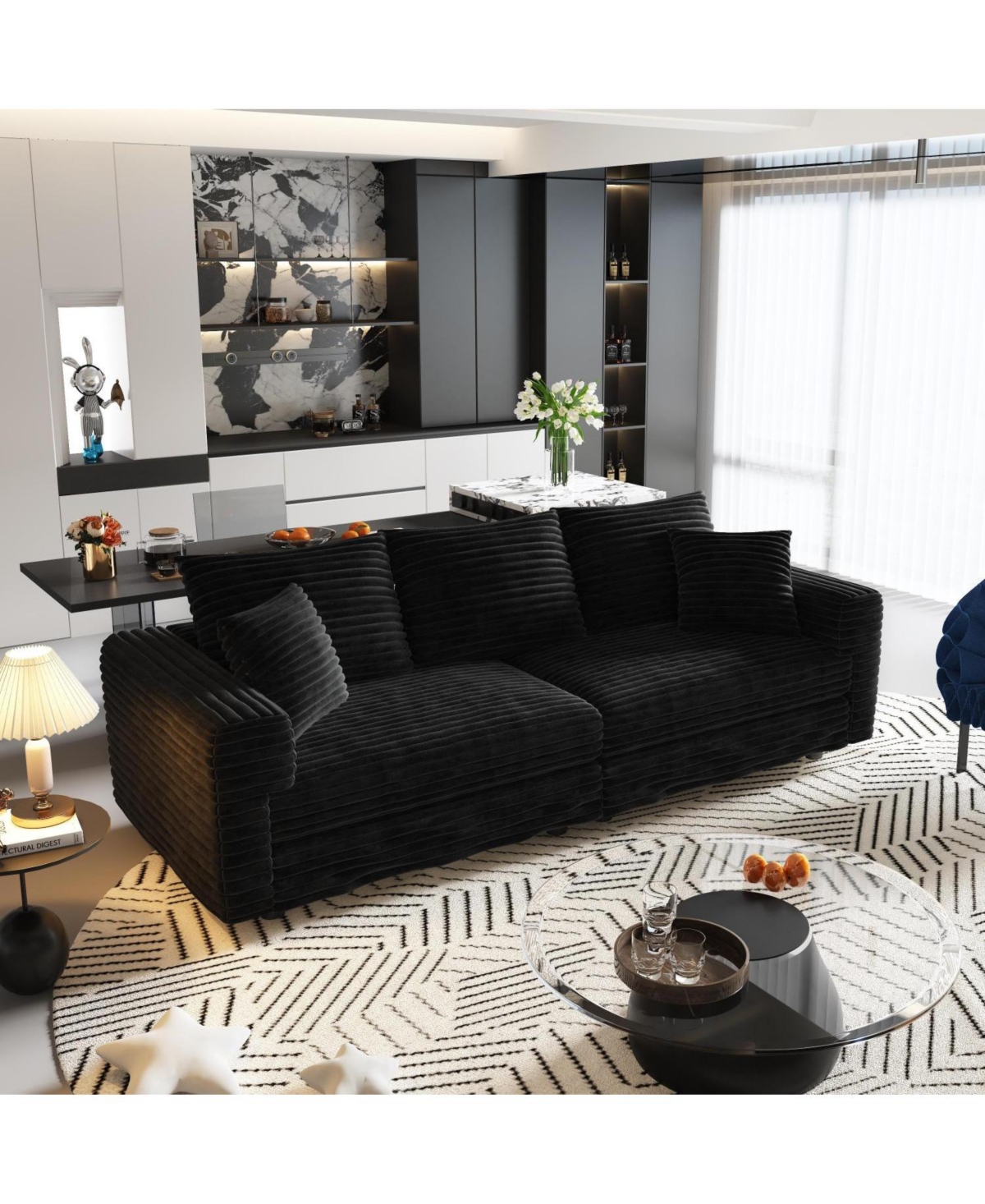 Streamdale Furniture Plush Corduroy 3-Seat Sofa, Modern Comfy Cloud Couch, Deep Seat, Black (Eta-8.28)