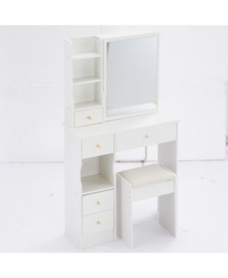 Compact Vanity Table with Large Mirror and Multi-Tier Storage, Stool Included