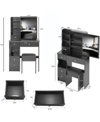 + Compact Vanity Table Set + Wood/Engineered Wood + Large Mirror & Multi-Tier Storage + Vanity Table with Stool