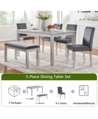 Wooden Dining Table Set with 4 Chairs & Bench - Silver Grey