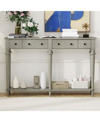 Entryway Table - Retro Console Table with 4 Drawers & Shelf (Grey Wash)