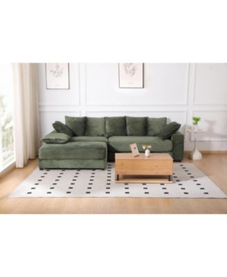 Streamdale Corduroy Sectional Sofa w/ Ottoman & Pillows - GREEN