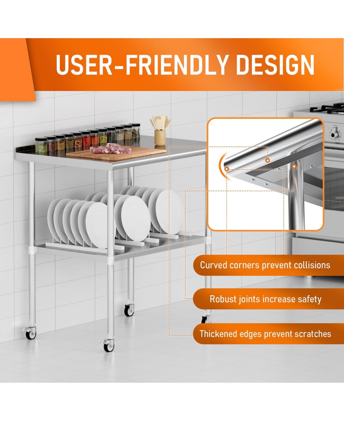 Streamdale Furniture Stainless Steel Table 30x36" w/ Adjustable Shelf & Wheels